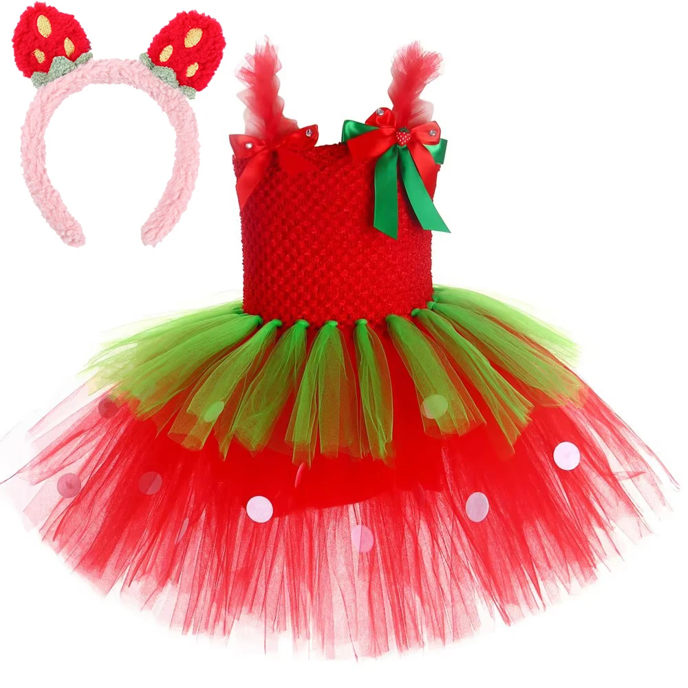 3 Layers Strawberry Ballet Tutus Dresses for Baby Girls Fruits Birthday Party Outfit Kids Fluffy Christmas Costumes with Hairbow