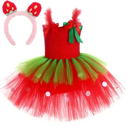 3 Layers Strawberry Ballet Tutus Dresses for Baby Girls Fruits Birthday Party Outfit Kids Fluffy Christmas Costumes with Hairbow