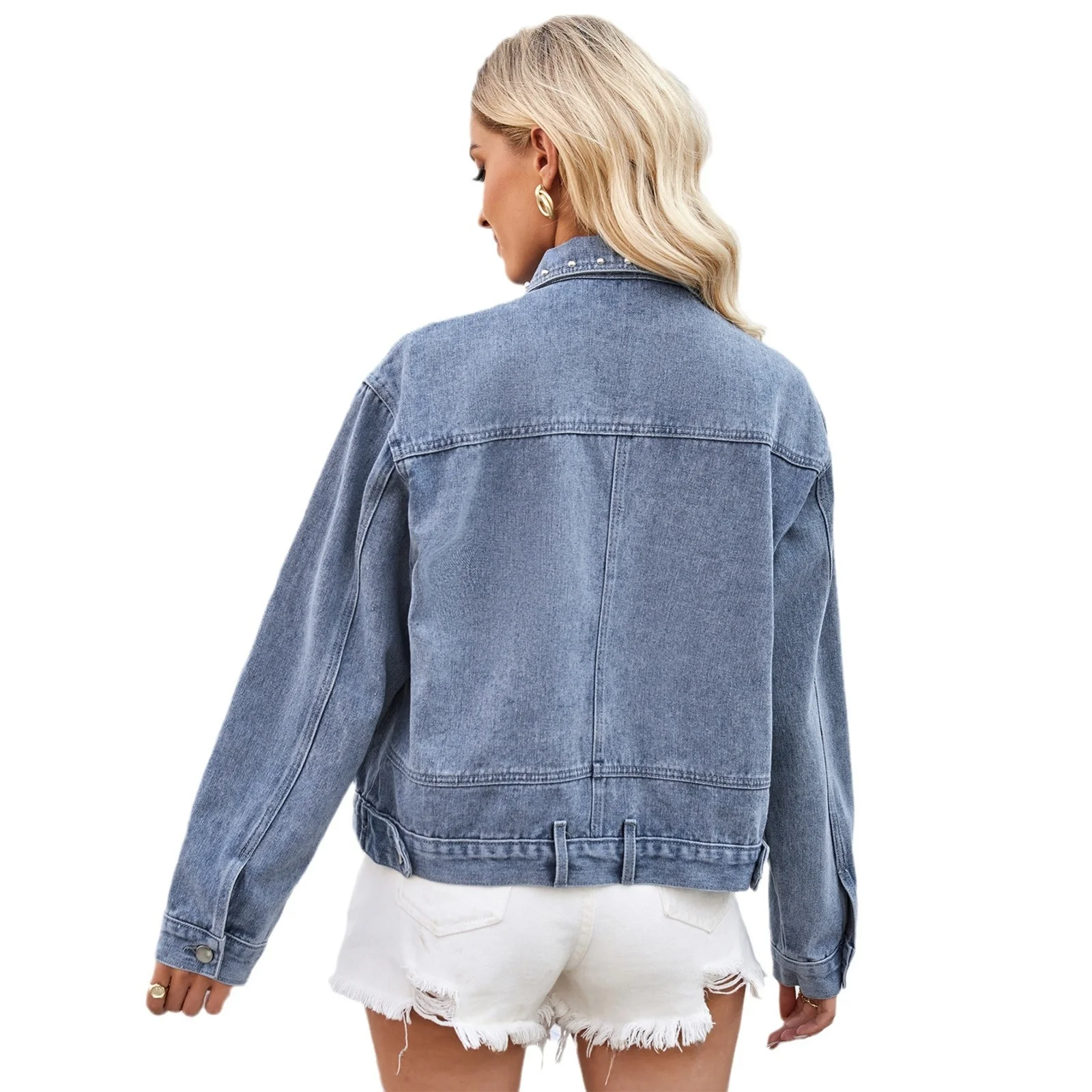 

Washed Casual Loose Punk Rivet Denim Jacket Women's Street Style Travel Cotton Long Sleeve Durable Tourist Fashion