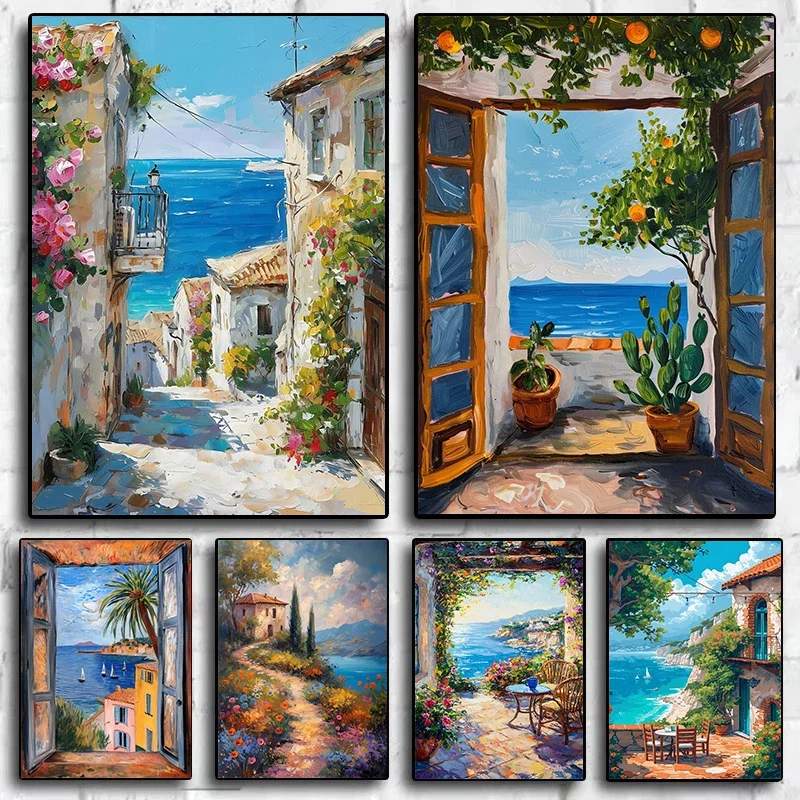 Canvas Painting De Paisaje Europeo Costero Con Vista De Ventana Junto Al Mar Mediterráneo, Imágenes Artísticas De Pared Estét