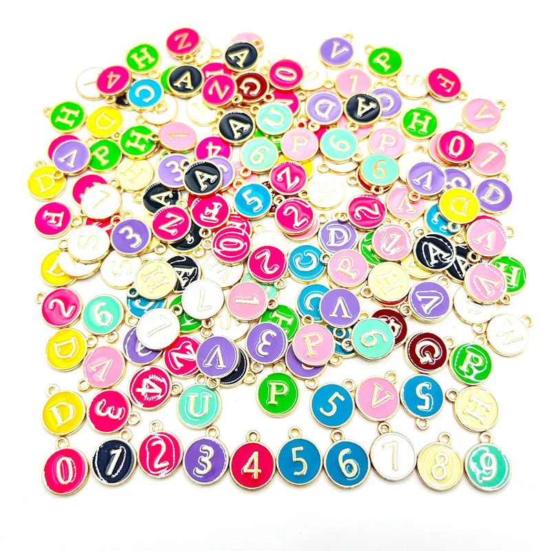 20Pcs12X15mm Creative Fashion Design Alloy Drip Oil Circular Double Sided Black, White, Blue, Red Four Color Letter Necklace Pen