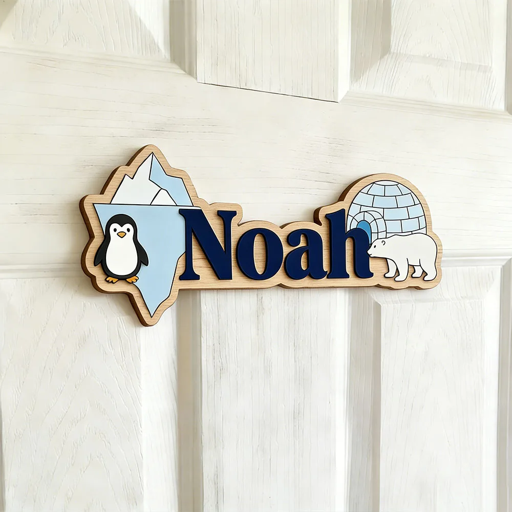 Arctic Penguin & Polar Bear Custom Name Sign Ice Cave Nursery Wall Art Personalized Wooden Plaque for Kids Room - view 3