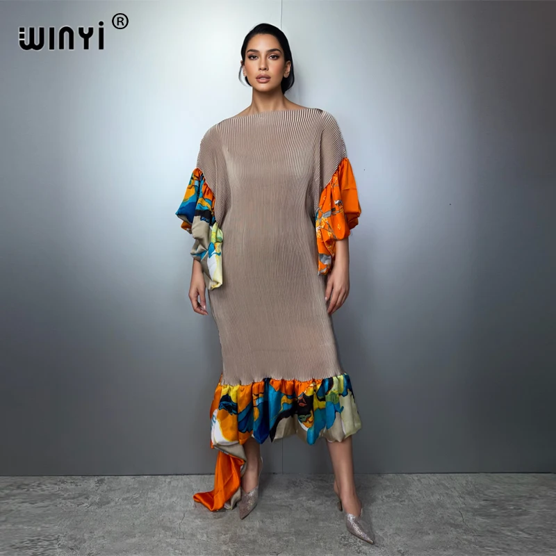 

WINYI Maxi Kaftan Dress with Elastic Puff Sleeves Beach Cover up Holiday Luxury Party Evening Gown Dubai Style Pleated Abaya