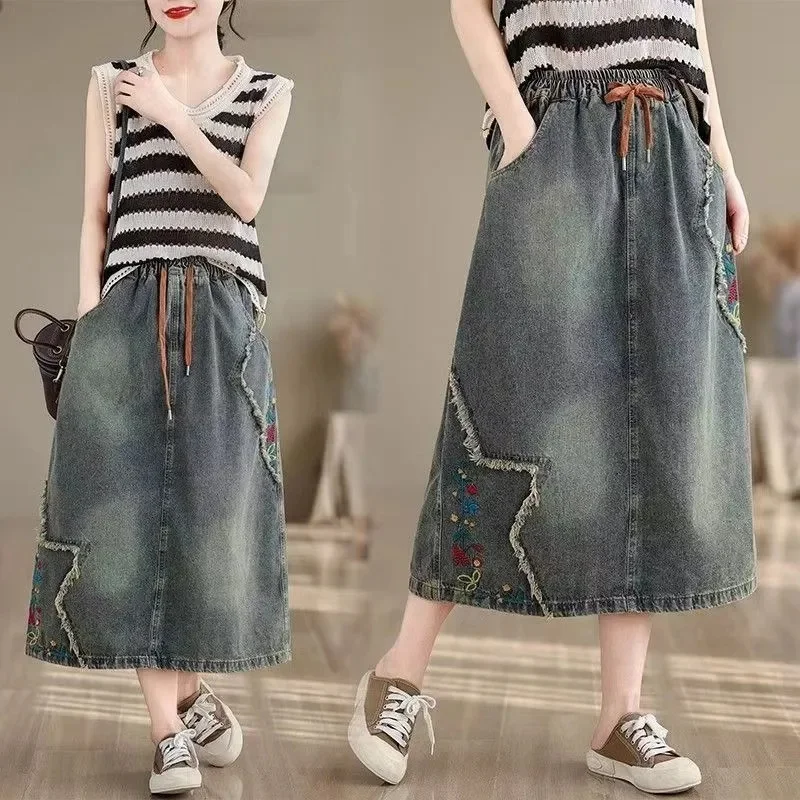 Faldas largas vaqueras bordadas de mezclilla para mujer, talla grande 4XL, estilo cowboy, con lazo, cintura alta, línea A, para verano