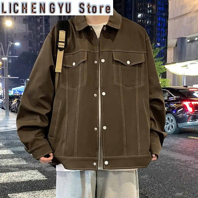 New American Retro Durable Work Jackets for Men's Autumn Lapel Multi-pocket Casual and Versatile Washable Denim Jackets for Mens