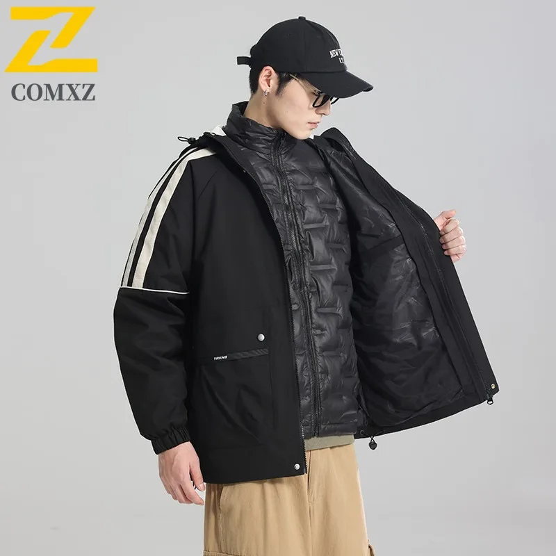 COMXZ High Quality Outdoor Unisex Same Winter New Couple Sport Hooded Thermal Fashion 3 in 1 waterproof Windbreaker Down Jacket