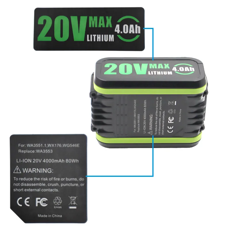 WA3550 Li-ion Battery 4.0Ah Sticker For Worx 20V Lithium Battery Label Accessories BMS WA3596 WA3595