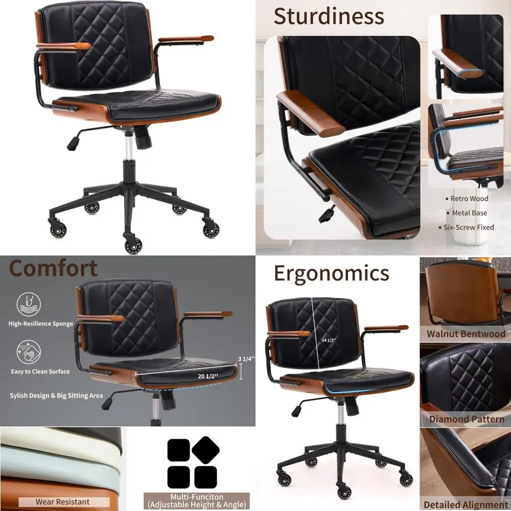 Ergonomic Office Chair with Rubber Wheels & Walnut Arms - PU Leather Mid-Back Desk Chair, Adjustable Height, Bentwood Backrest |