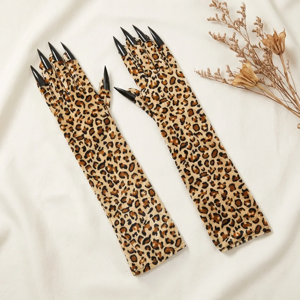 Leopard Velvet Claw Gloves for Women Long Nail Finger Gloves Party Costume Gothic Statement Accessory