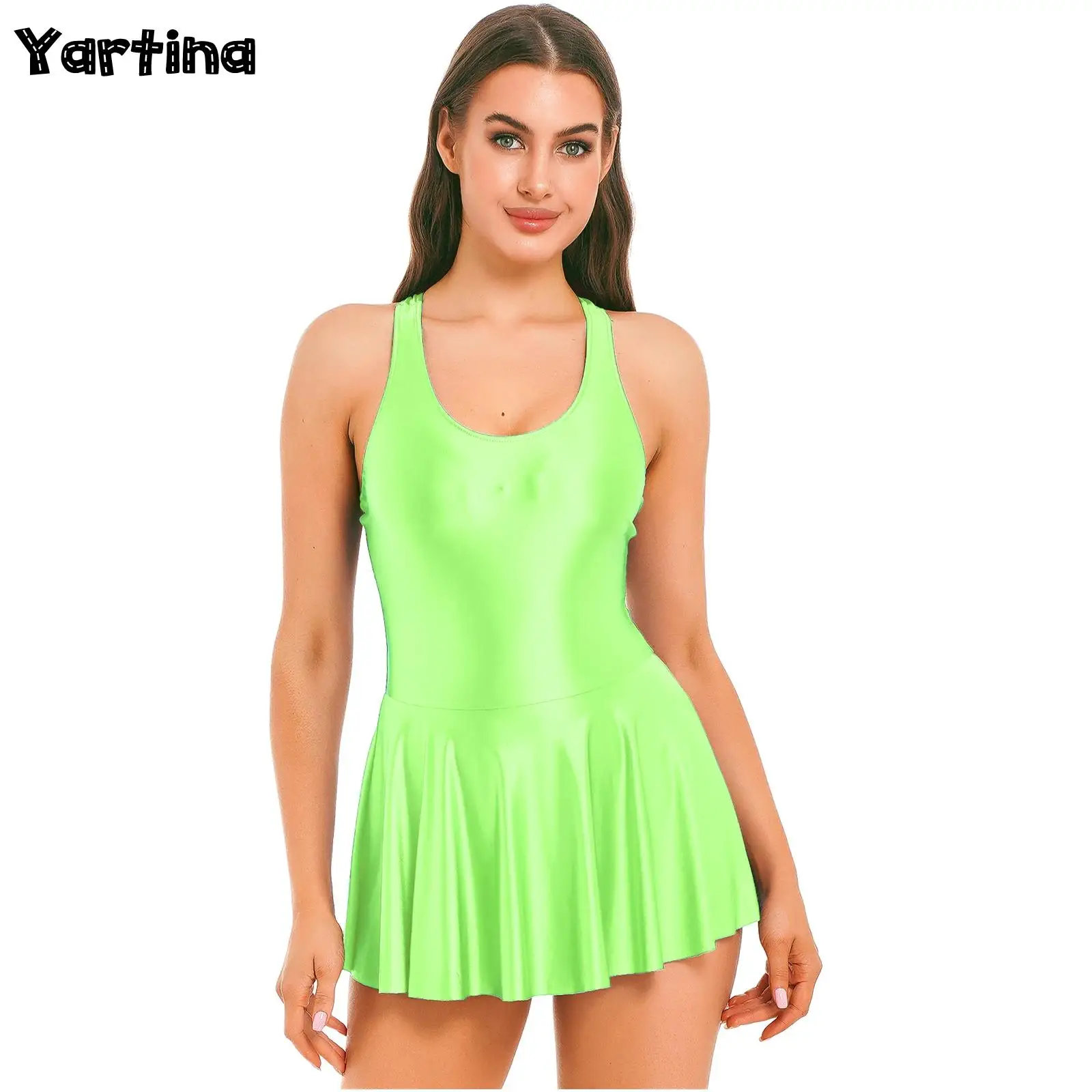 Womens Glossy Tank Bodycon Dress One-Piece Swimsuit Sleeveless U Neck Tennis Golf Leotard Dresses Vestidos with Built-in Panty