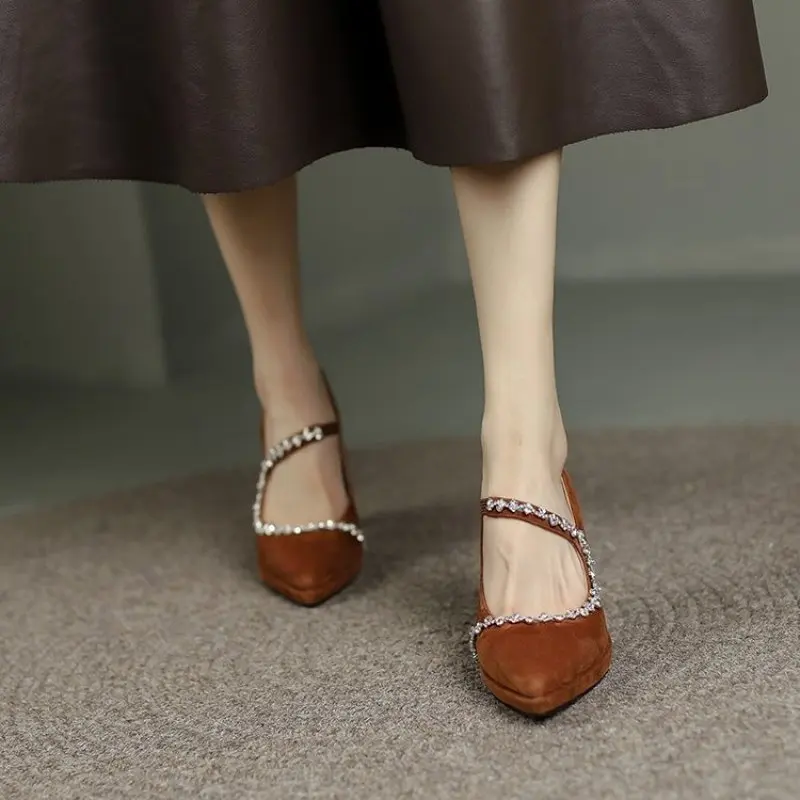 NEW Of Women Suede Pumps Shiny Crystal Rhinestone Super High Heel Pointy Toe Party Wedding Shoes Female Fashion Comfort Casual