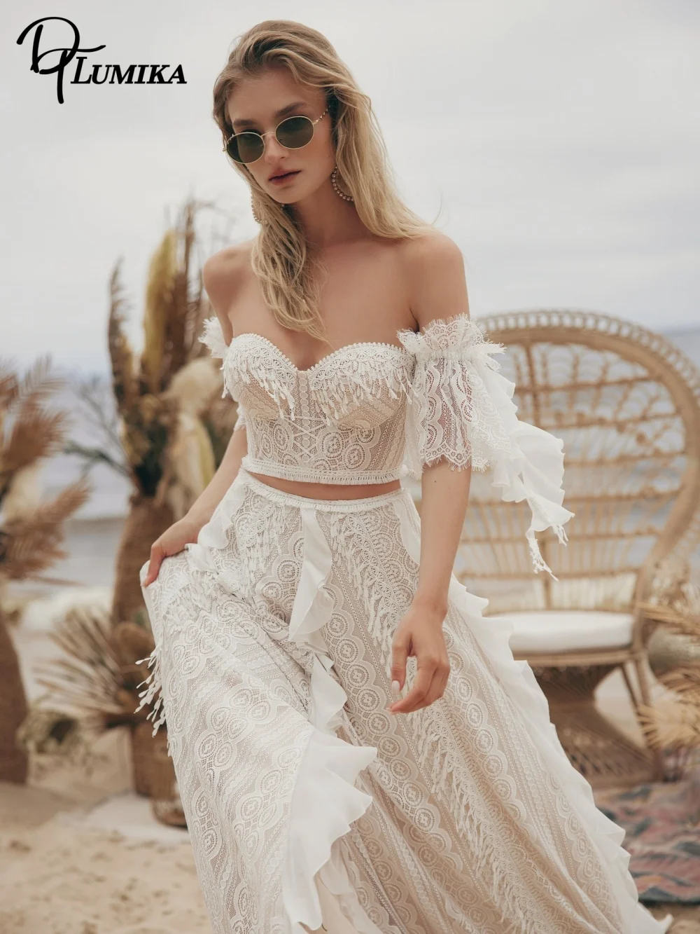 DTLumika Two Piece Off Shoulder Lace Wedding Dress Fringe Crop Top High Slit Beach Boho Bridal Gown Vestidos De Novia Customized