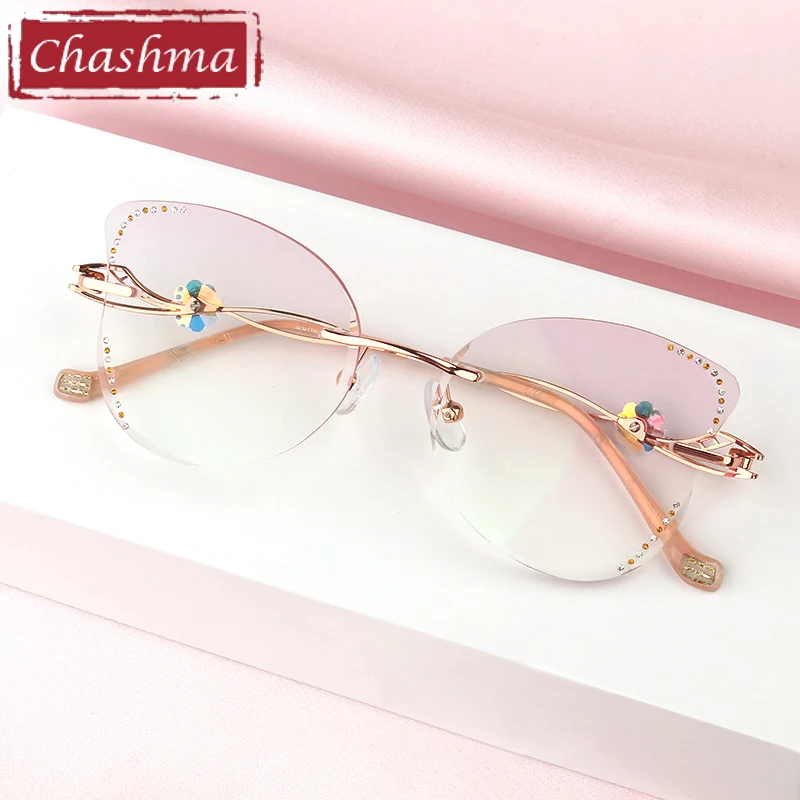 Rhinestone Sunglasses Women Titanium Colored Butterfly Lenses Fashion Eyeglasses Diamonds Sun Protection Rimless Eyewear