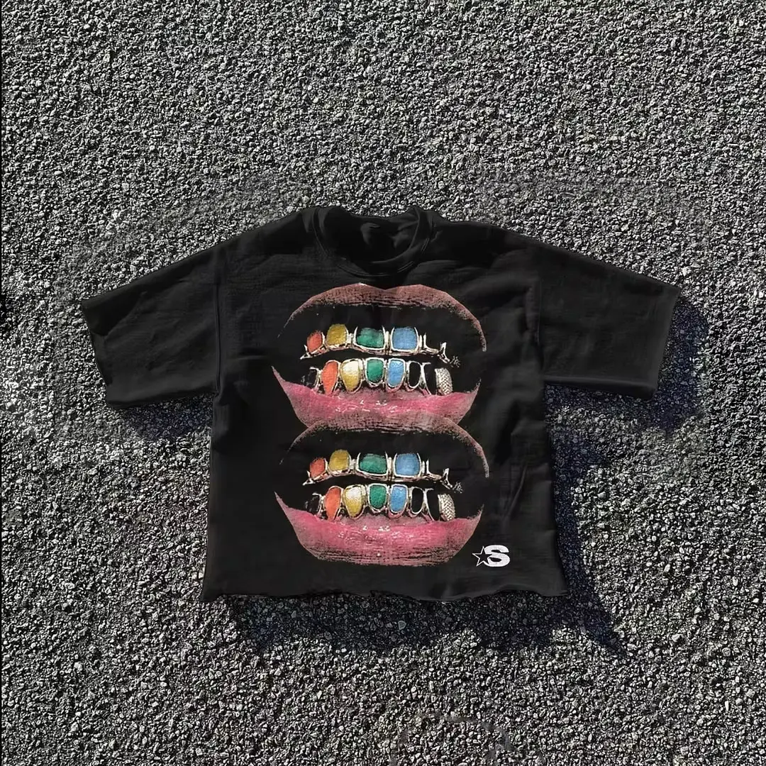 

Streetwear Punk Oversized Casual teeth pattern men women Goth T-shirt Y2K Harajuku hip-hop cotton short sleeved top tees Unisex