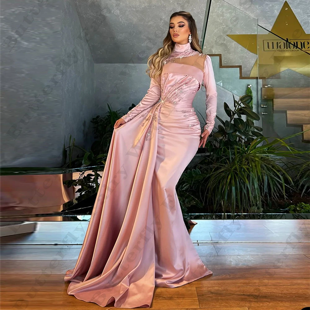 

Elegant Evening Dresses For Women Fashion Applique Gorgeous Satin Beautiful High Neck Long Sleeves Mopping New Party Prom Gowns