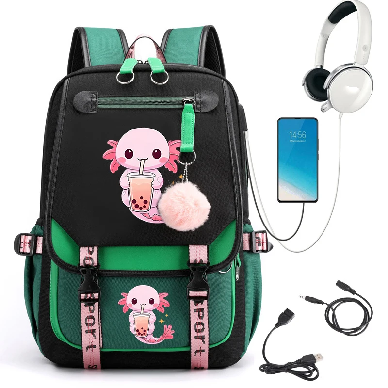 Sac à dos Boba Axolotl Bubble Tea Anime Cartoon pour filles, sacs d'école pour étudiants, sacs à dos de voyage pour ordinateur portable pour adolescents