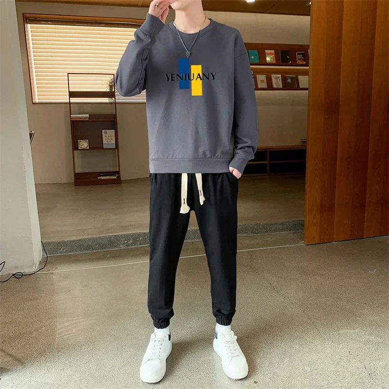 Komplet dla par: luźna bluza z okrągłym dekoltem, męska koszulka bazowa, 2-częściowy zestaw spodni dresowych, spodnie, top, T-shirt, odzież uliczna na wiosnę i jesień.