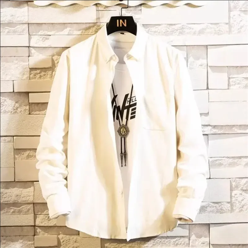 

New White Premium Square-Neck Men's Casual Corduroy Shirt Solid Color Long-Sleeve Men's Fashion T-Shirt European Sizes XXXS-XL