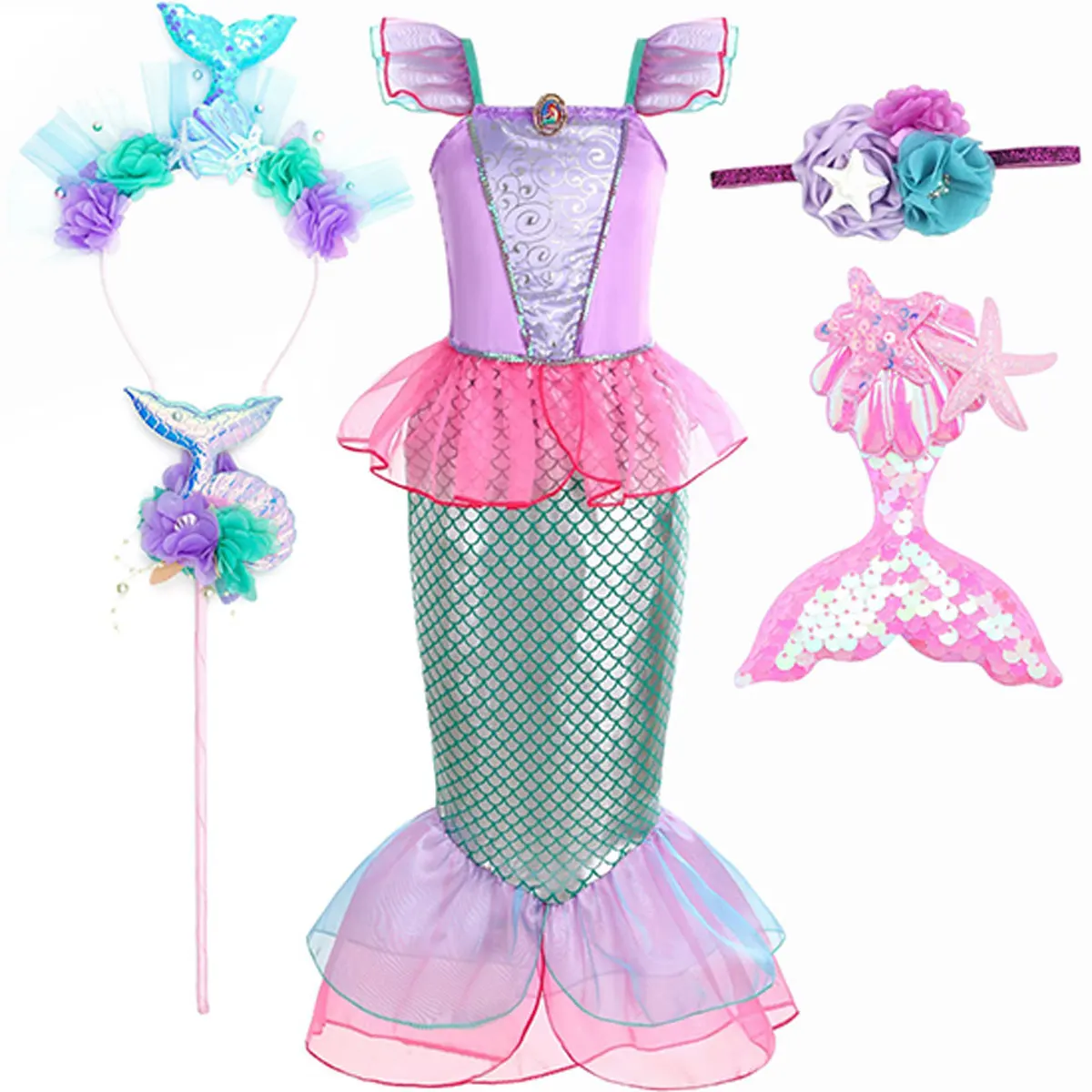 Ariel Girl Little Mermaid Costume Halloween Kid Dress For Girls Children Carnival Birthday Party Clothes Cosplay Mermaid Dress