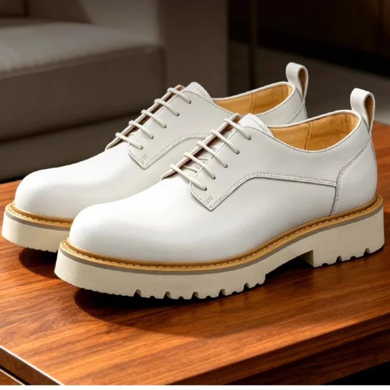 

High Quality Top-layer Cowhide Anti-slip Thick Sole Round-toe Business Leather Shoes Men's Lace-up White Formal Derby Shoes