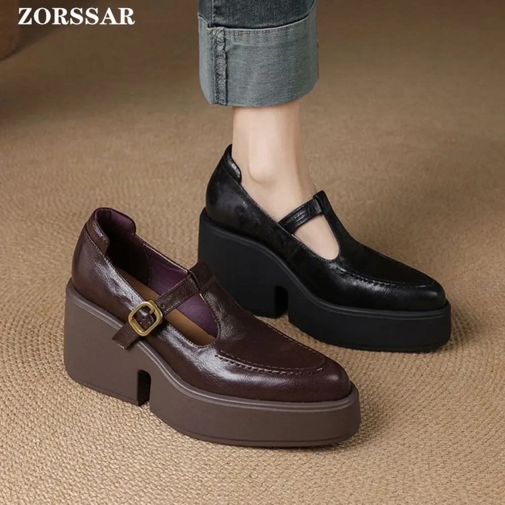 

Chunky Platform High Heels Pumps Women 2026 New Genuine Leather Ankle Buckle Mary Jane Shoes Woman Thick Heeled Brown Wedge Shoe