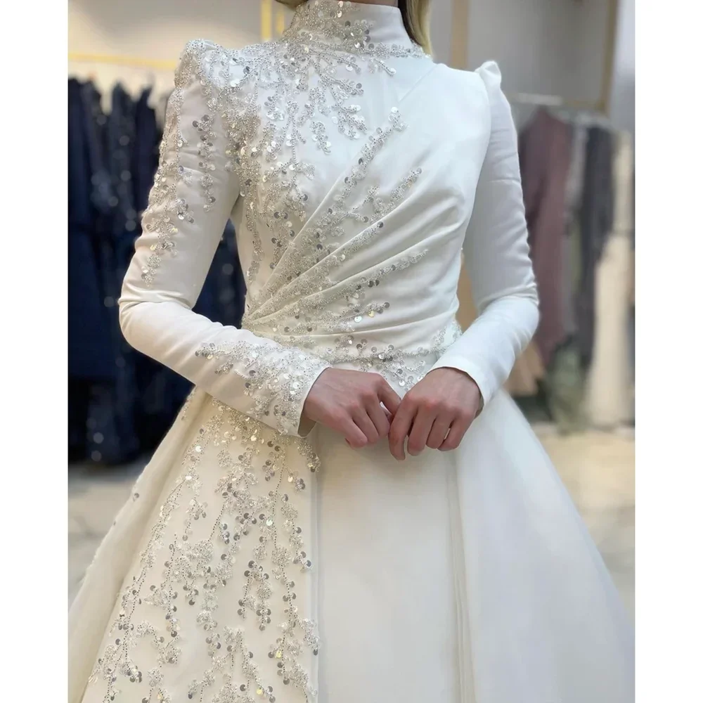 Gaun pengantin applique berpayet manik-manik Fashion gaun pengantin lengan panjang kerah tinggi cantik putih gaun A-Line Satin lipat