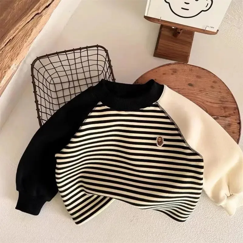 Autumn Winter Children Boy Striped Sweatshirt Cotton Spliced Long Sleeve Velvet Toddler Boy Pullovers Infant Baby Boy Undershirt