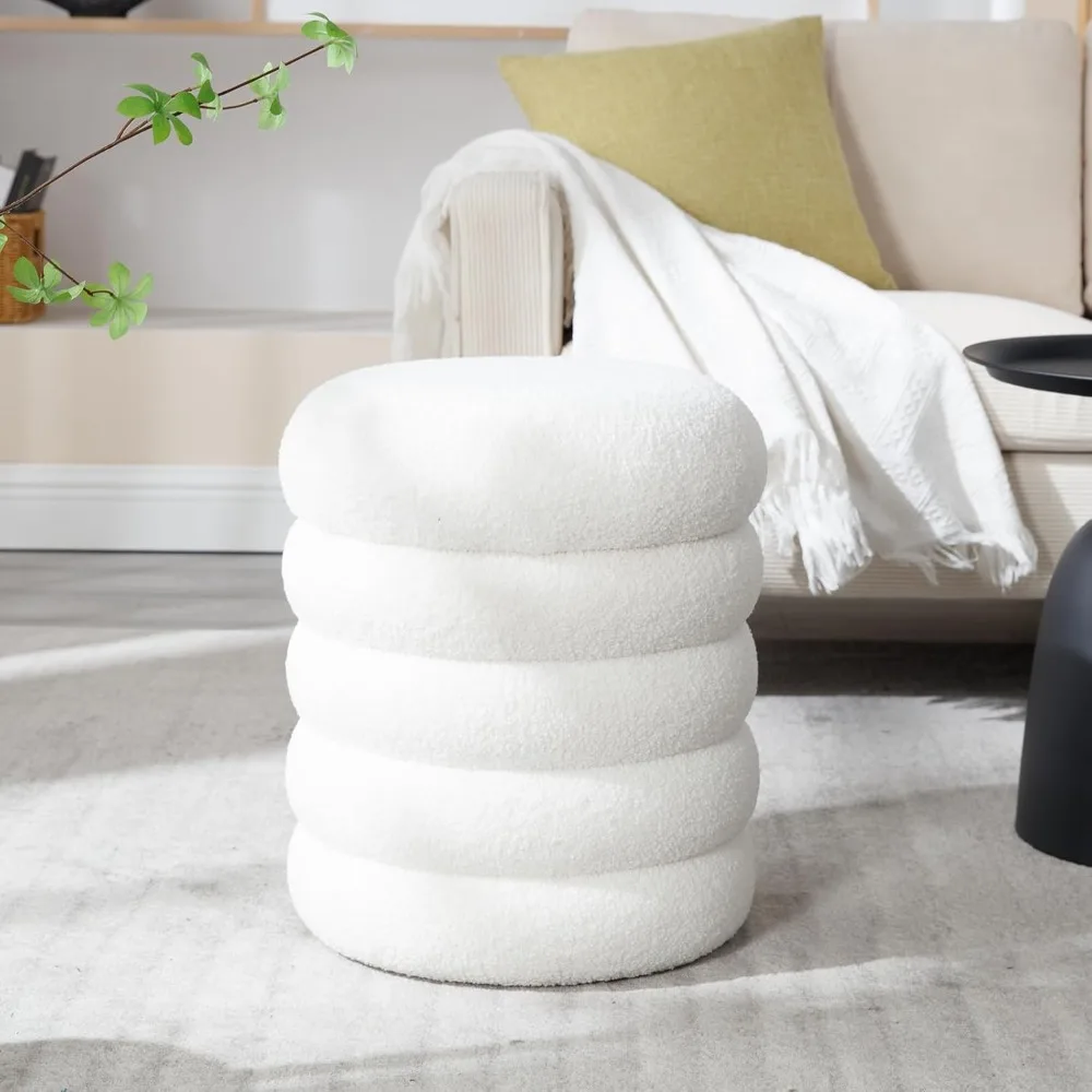 

Modern Round Upholstered Faux Fur Pouf Ottoman for Living Room, Bedroom, Coffee Table, White