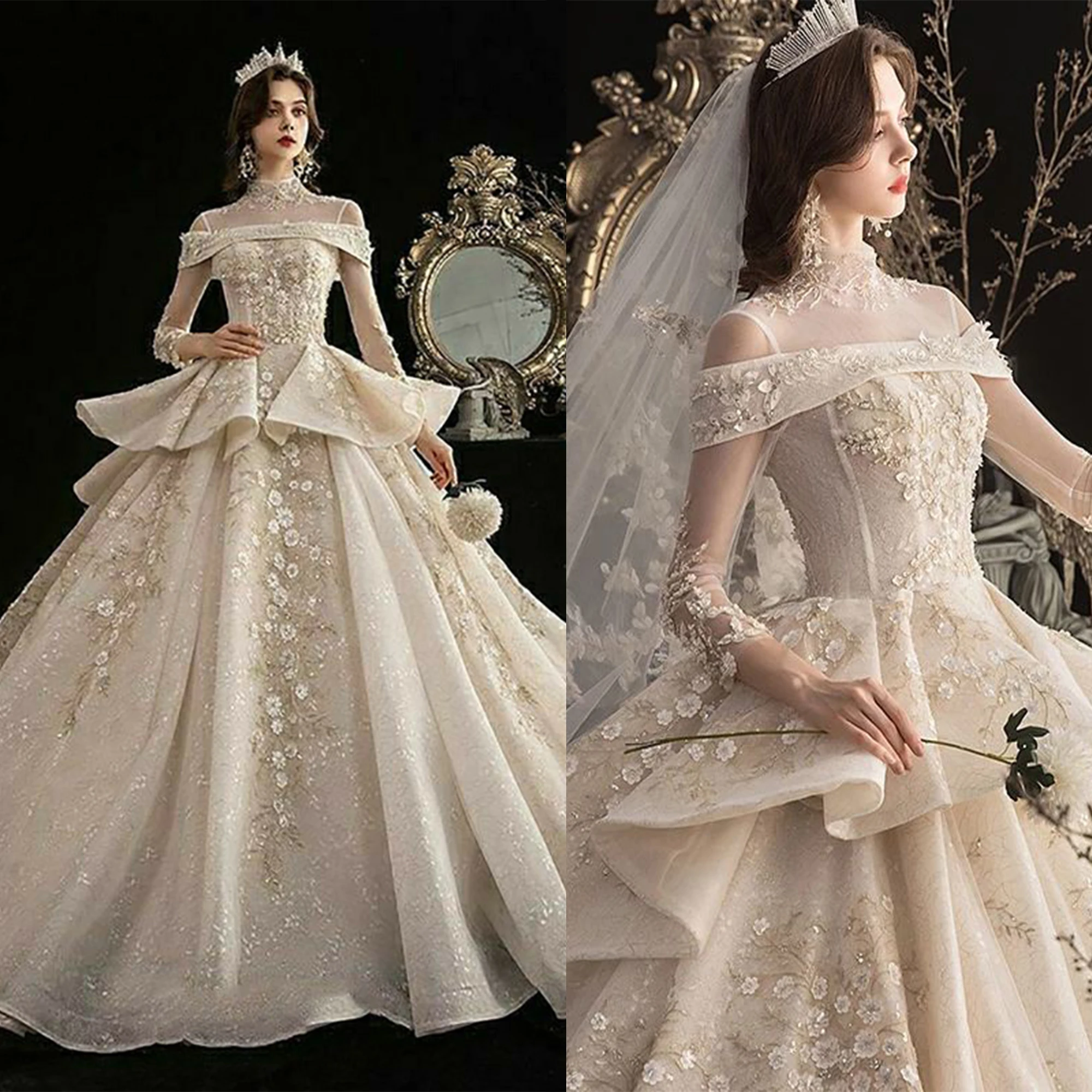 Romantic Ball Gown Wedding Dresses Floral-Applique High Neck Designer Shoulder Pleat Court Gown Bridal Customized Robe De Mariée