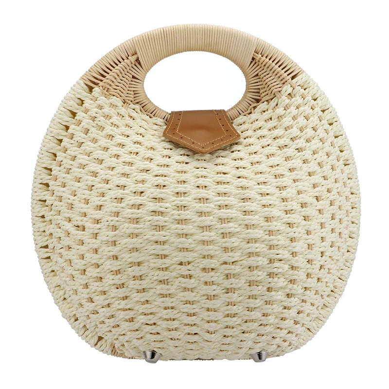 Women Shell Shape Straw Bag Rattan Woven Beach Handbags Summer Tote Bag Casual Lady Handmade Purse with Wood Round Top Handle