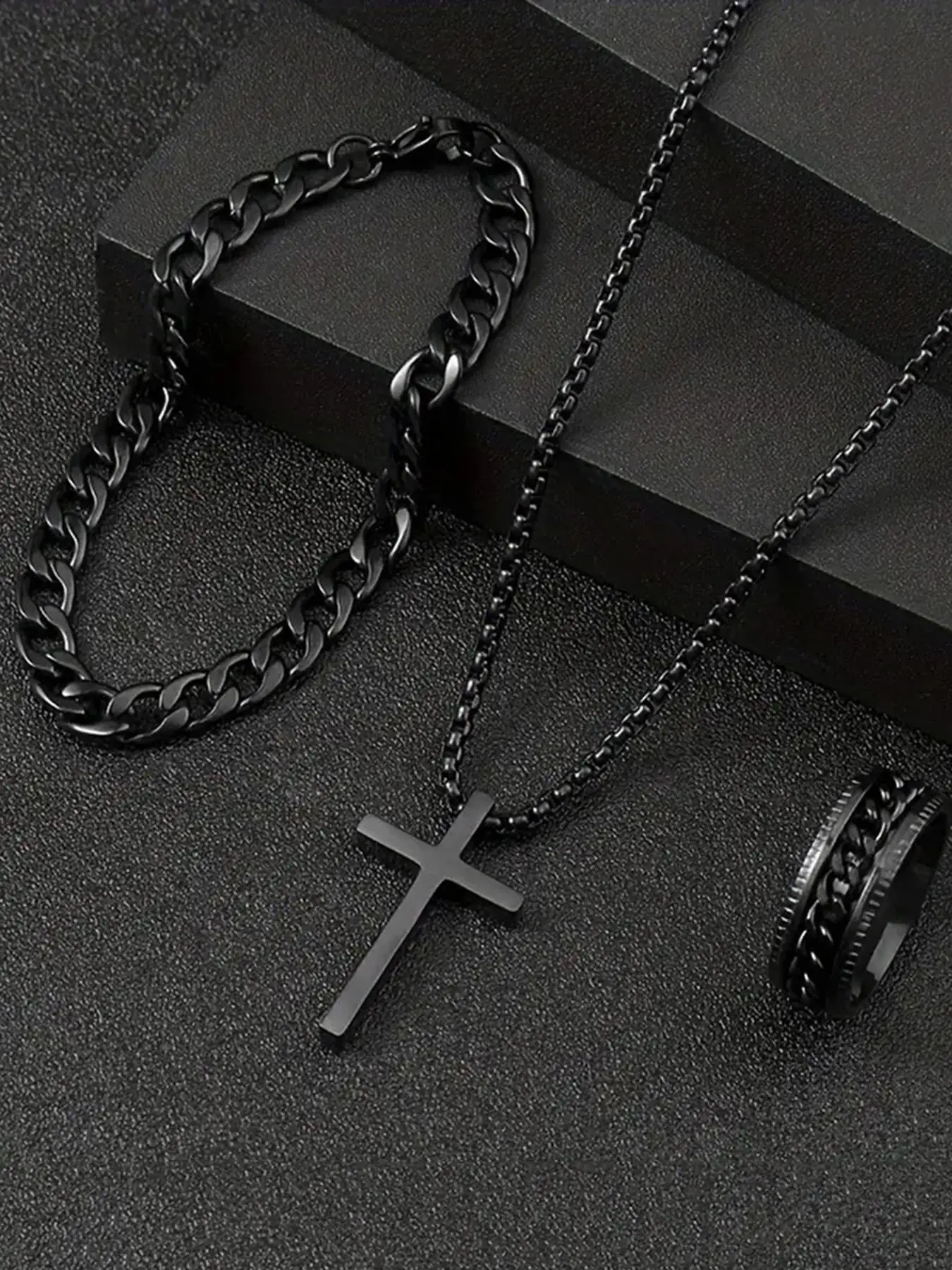 3 قطعة مجموعة الرجال الفولاذ المقاوم للصدأ المعادن الصليب سلسلة بدلاية قلادة سوار خاتم مجموعة الذكور الهيب هوب ارتداء اليومي الملحقات #1