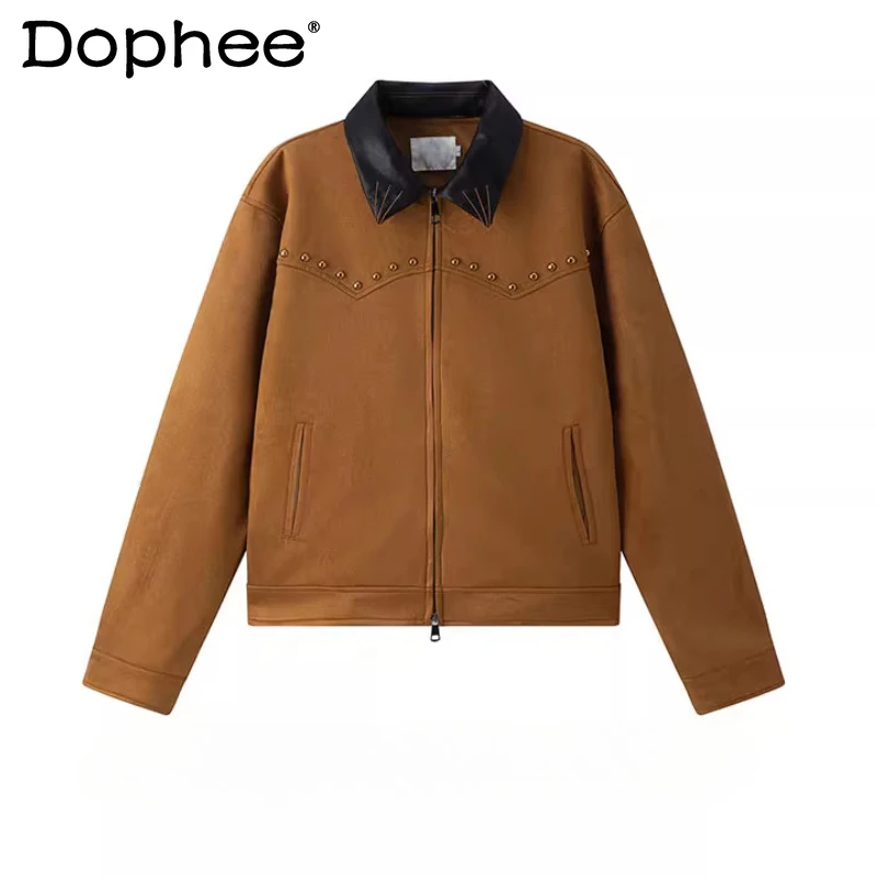 

American Style Retro Beaded PU Leather Lapel Jackets Men Women 2025 Autumn New Trendy Jackets Handsome Short Style Tooling Coats