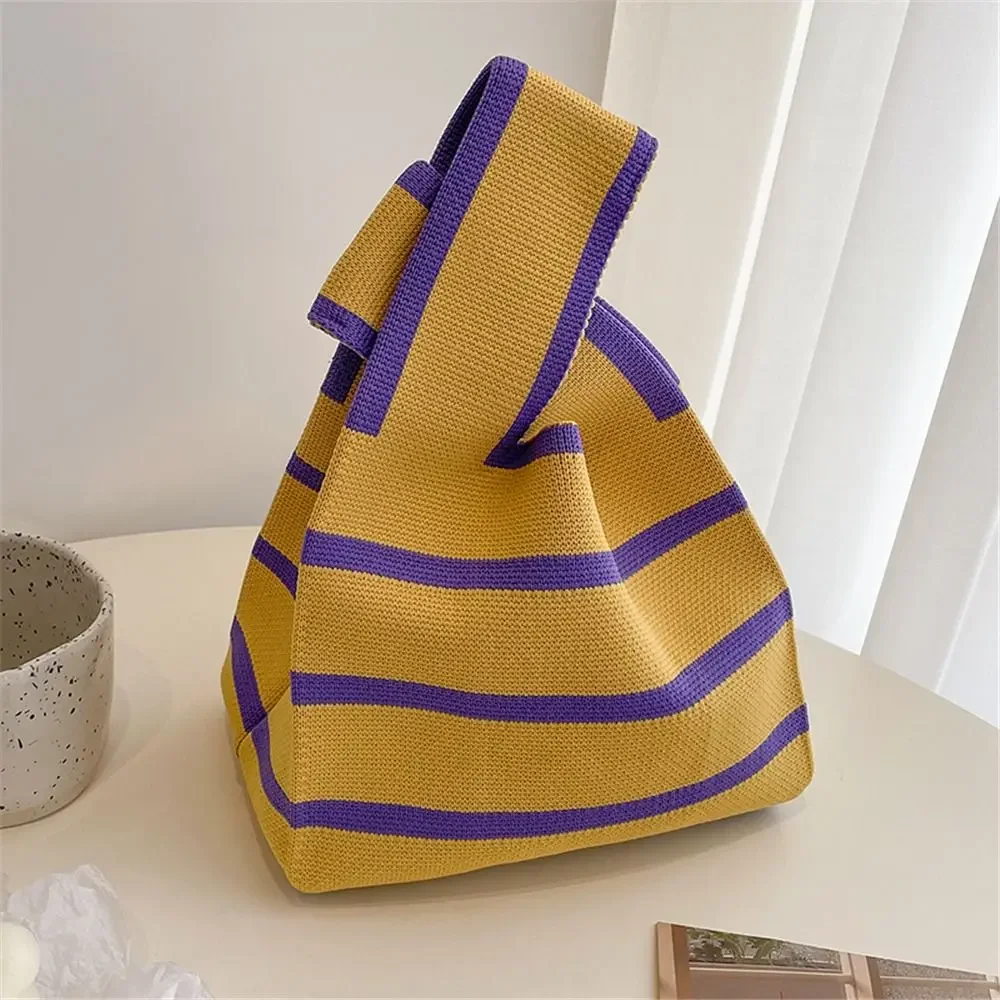 

Casual Wide Stripe Reusable Knit Handbag Shopping Bags Knot Wrist Bag Plaid Tote Bag