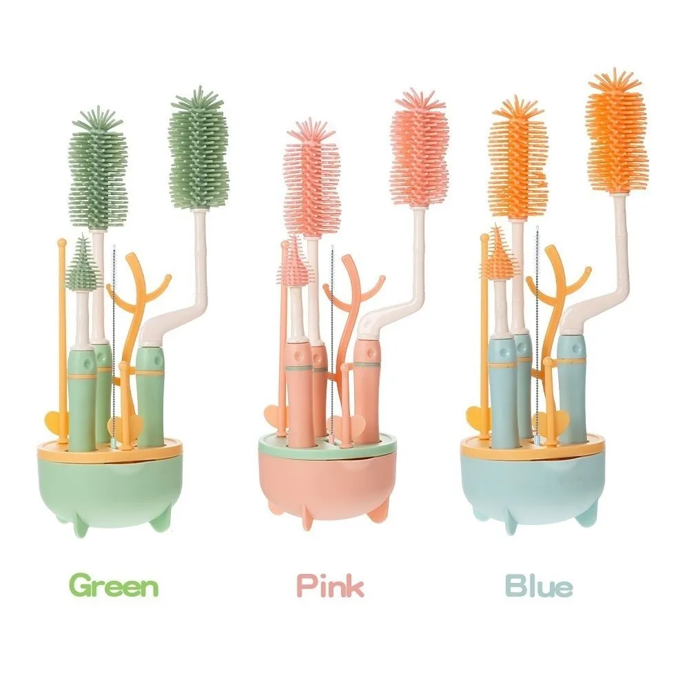 부드러운 헤드 아기 젖병 청소기 세트 긴 손잡이 360도 회전 젖병 청소 브러시 건조대 젖꼭지 드로퍼