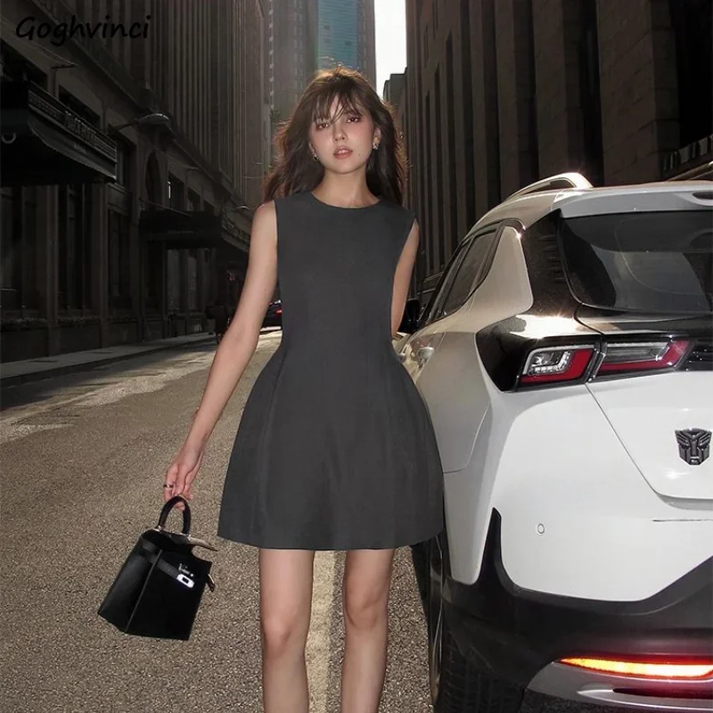 فستان نسائي قصير بدون أكمام على شكل حرف A ، أحادي اللون ، بسيط ، براق ، أنيق ، كل المطابقة ، النمط الكوري ، كلاسيكي ، الصيف