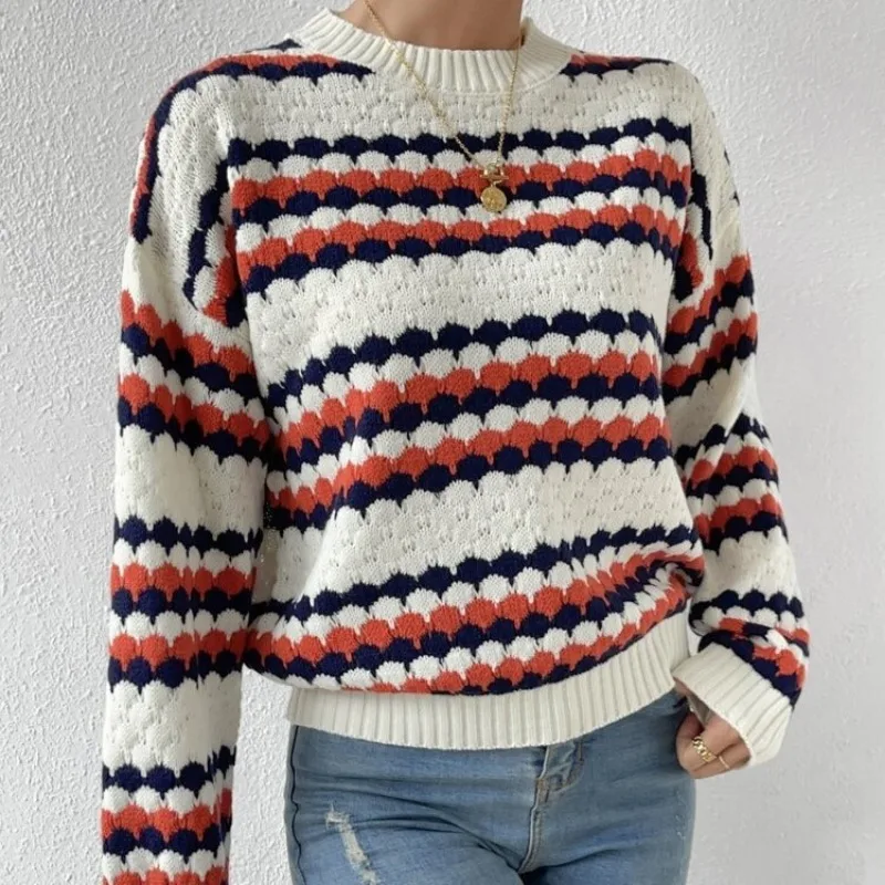 Suéter de punto cálido para mujer, Jersey grueso de manga larga con cuello redondo, Tops a rayas, moda de Color, otoño e invierno, 28484