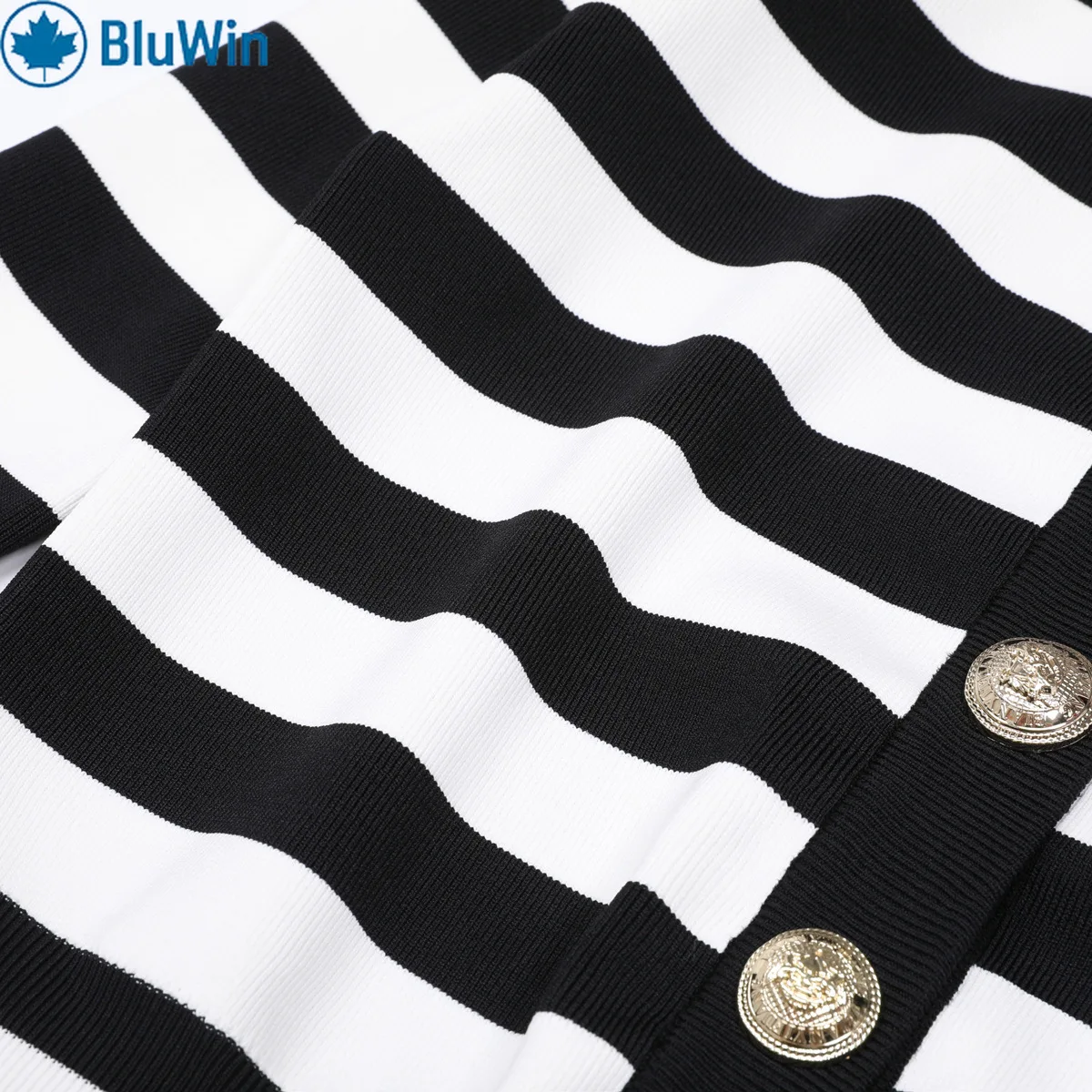 BluWin Striped Art Face Cardigan Women - Crew Neck Gold Buttons Black White Knit Sweater Red Lips Pattern Chic