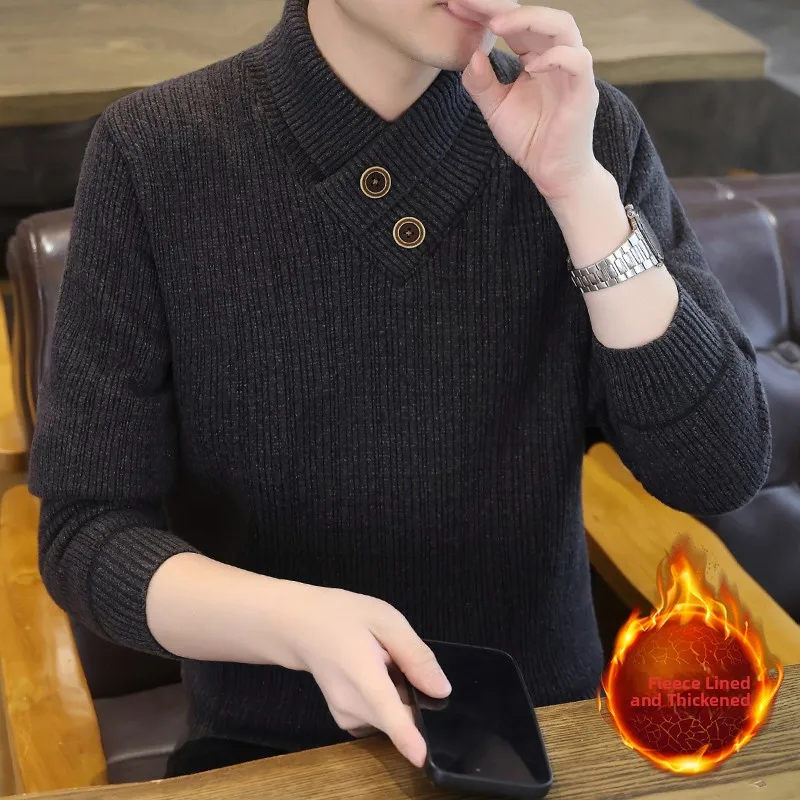 

Autumn Winter Thiened Warm Fce Lined Stand Collar Knitted Sweater Men's Base Layer irt Trendy Woolen Sweater Casual Sle