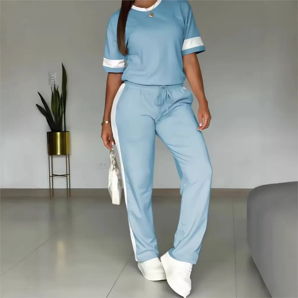 

Spring Summer New Casual Sports T-shirt Short-sleeved Suit Women Fashion Splicing Side Stripes Simple Trousers 2 Piece Set 2026