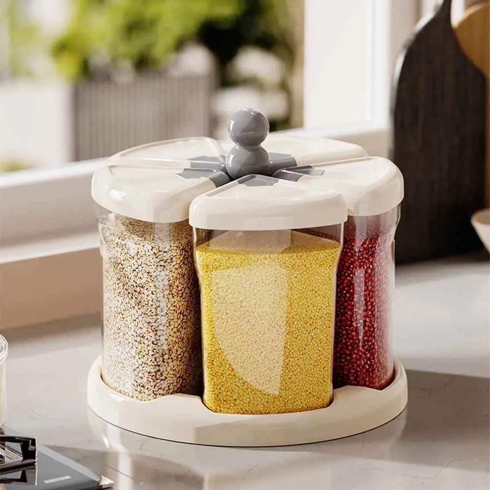 6 Grids Grain Dispenser Multi Compartment Transparent Rotating Rice Dispenser Moisture-Proof 360 ° Rotating Base