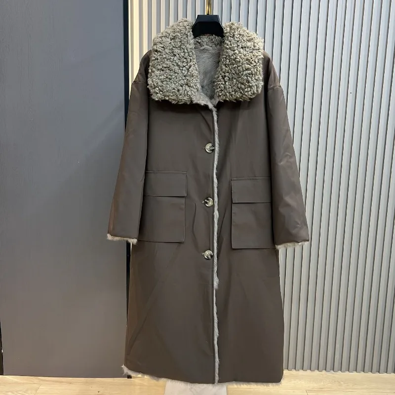 Winter New Style Rabbit Faux Fur Reversible Thickened Warm Woolen Collar Simple Loose Wide Long Furry Coat Long Sleeves Jacket