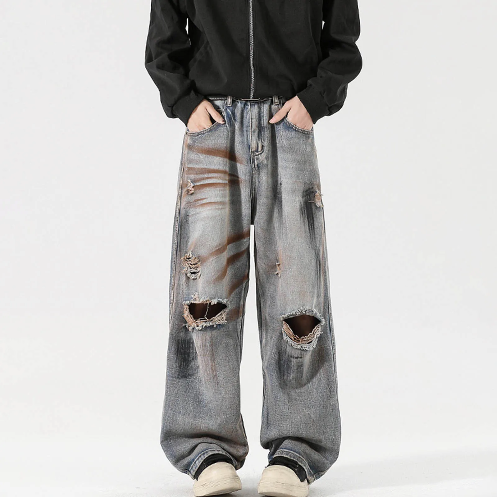 

Male Classic Baggy Straight Ripped Denim Pants Men Fashion Cool Style Streetwear Jeans American Vintage Hip Pop Denim Trousers