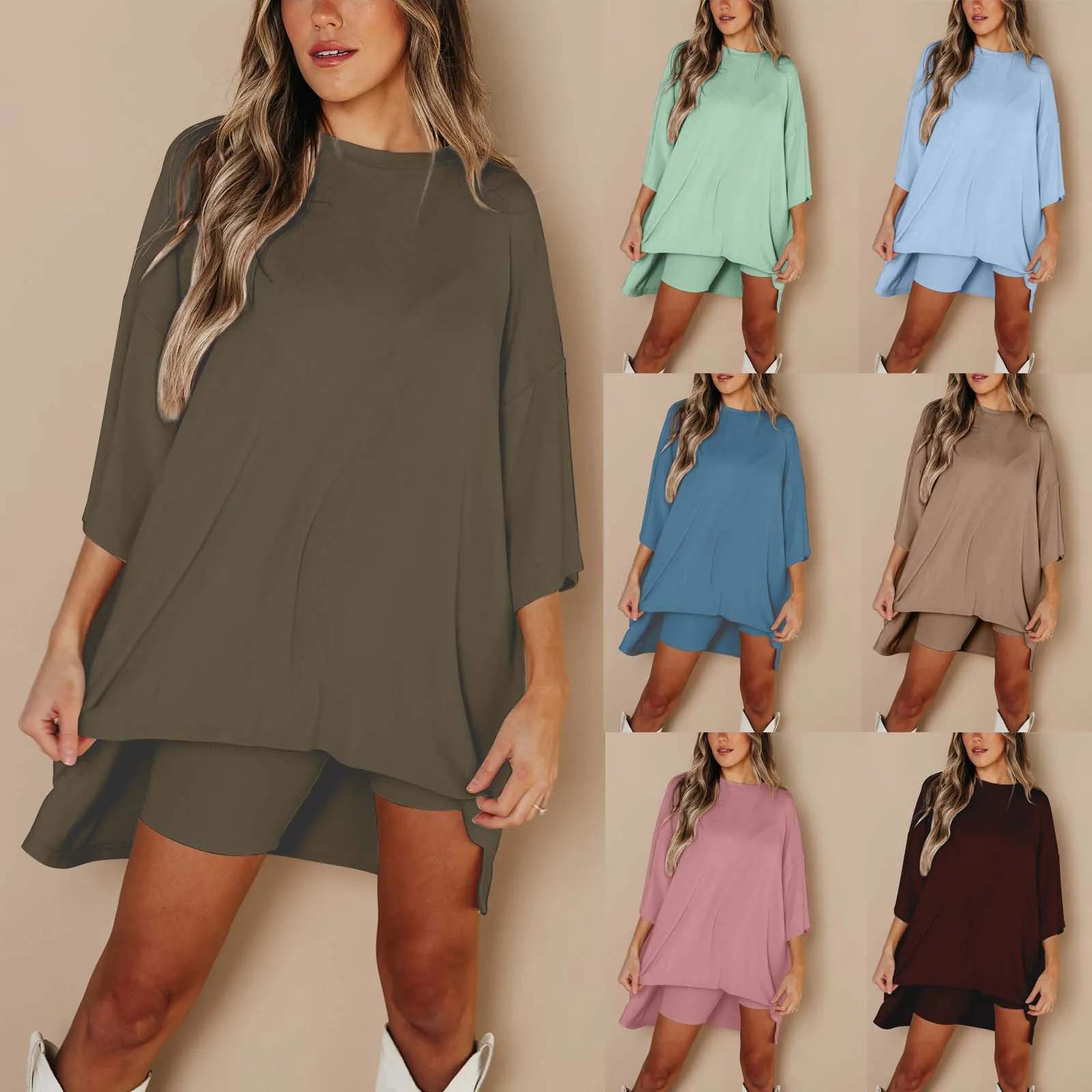 Two Piece Solid Color Basic Versatile Daily Life Plus Size Round Neck Short Sleeves Drop Shoulder Top And Loose Shorts Set For F