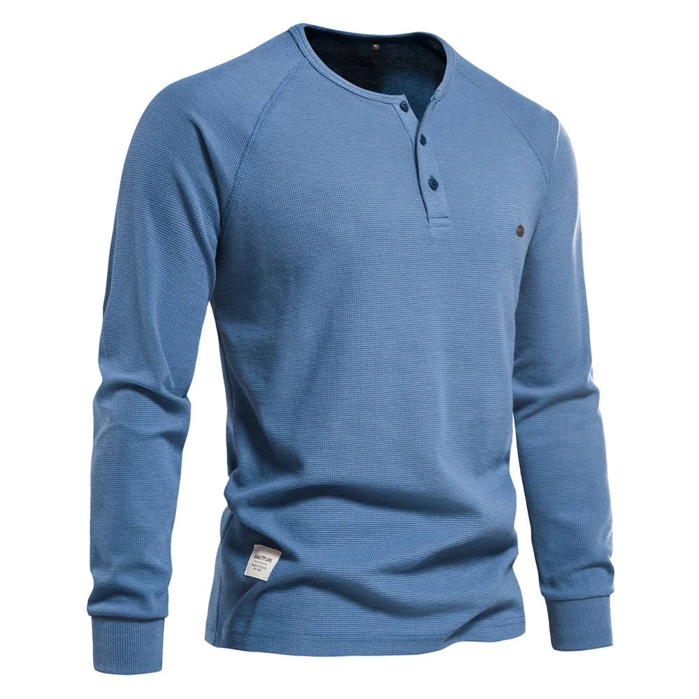 AIOPESON Waffle Henley T-Shirt Men Long Sleeve Basic Breathable Men\'s Tops Tee Shirts New Autumn Solid Color T Shirt For Men
