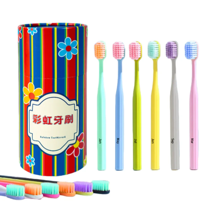 12pcs Rainbow Soft Bristle Toothbrush in Bucket Wide Head for Adult Use Gum Protection Gentle Clean Colorful Home Oral Care Set