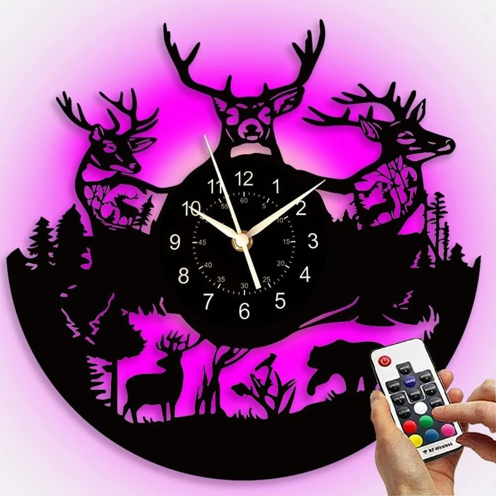 Forest Deer Home Decoration Wall Clock Home Wall Decoration Forest Deer Retro LED Light Vinyl Record Wall Clock Hunting Gift