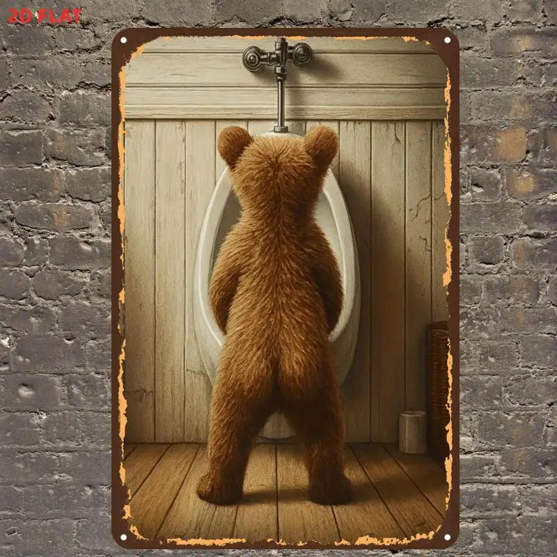 2D Flat, 1pc, Bear Urinal Scene Metal Sign Metal Iron Sign, Pre-Drilled Holes, Suitable for Indoor, Garden, Outdoor, Home, Of
