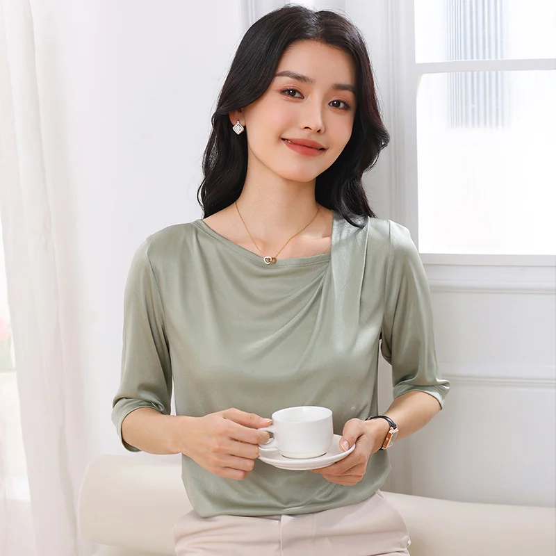 Summer women's acetate T-shirt casual solid color pullover short sleeved loose irregular collar Tees Pull On satin vest Tops