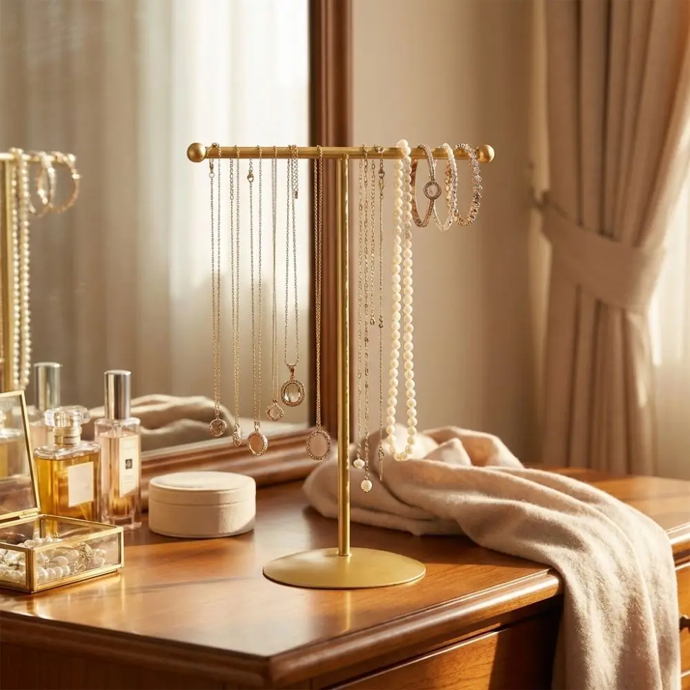 Metal Frame Jewelry Display Stand Round Base Single Layer Jewelry Storage Rack Space Saving Moisture-proof T-Shaped Stand