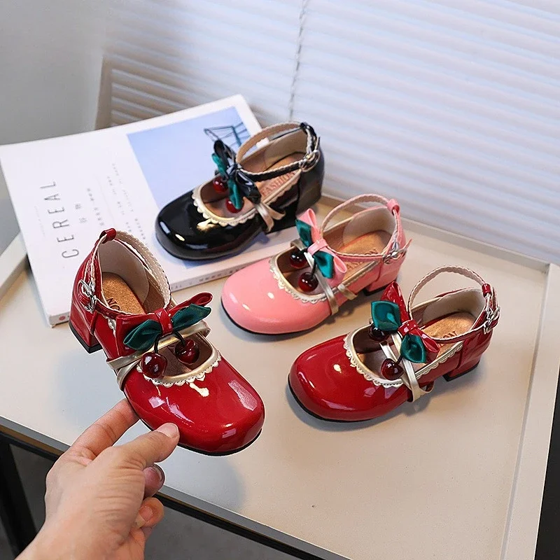 

Spring Autumn Girl Leather Shoes Mary Jane Chic Bowknot Children Fashion High Heel Shoes Wedding Party Kids Princess Dress Shoes